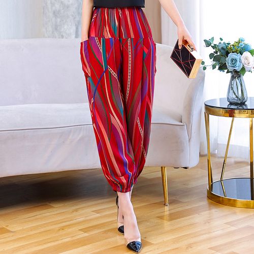 夏季妈妈纯棉绸裤子女花色睡裤中老年女装萝卜休闲裤