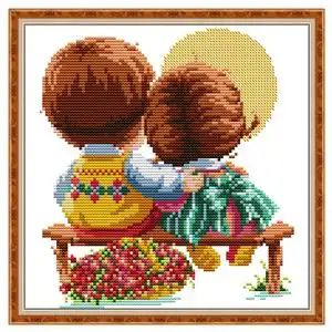 简约现代男女孩子兄妹小件十字绣儿童房间人物背影月亮图案童年画