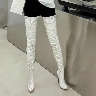 秋冬新款细跟红色白色漆皮超长过膝长靴大腿靴时尚高跟鞋钢管舞靴