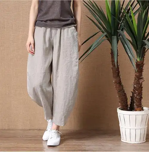 亚麻裤子女夏九分宽松薄款棉麻松紧腰阔腿裤复古文艺百搭休闲裤藏青色