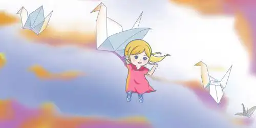 和千纸鹤一起在天空飞行的小女孩