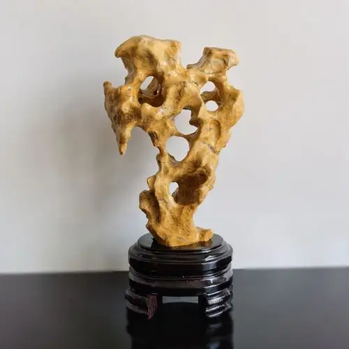 30cm传统黄色小型太湖石摆件案头清供奇石原石假山盆景石鱼缸造景