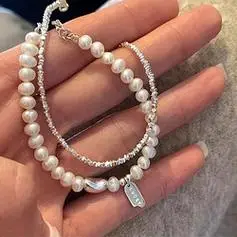 s925银lucky方牌淡水珍珠手链女ins简约百搭碎银子幸运豆豆手饰