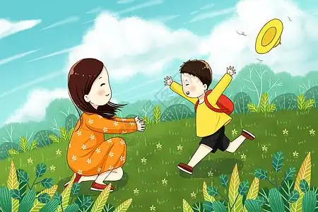 温馨拥抱小男孩奔向妈妈的怀抱插画