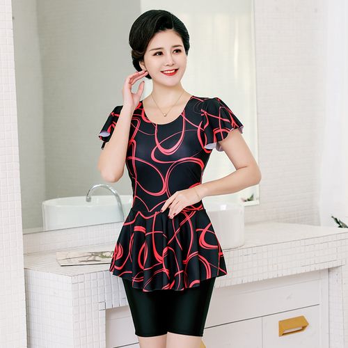 夏新款中老年温泉胖人大码女装游泳衣妈妈五分裙式分体泳衣