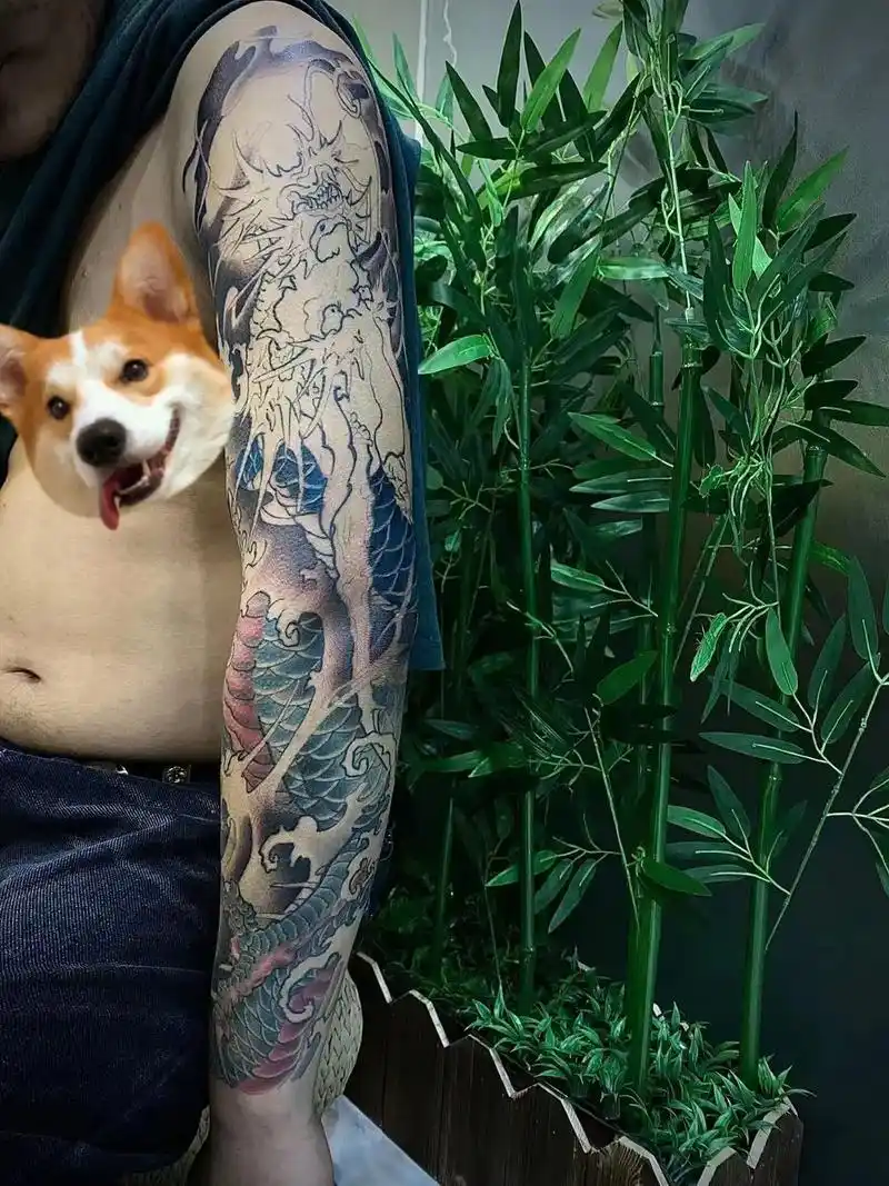 新传统彩色花臂龙一年之前的作品恢复以后补大臂彩色