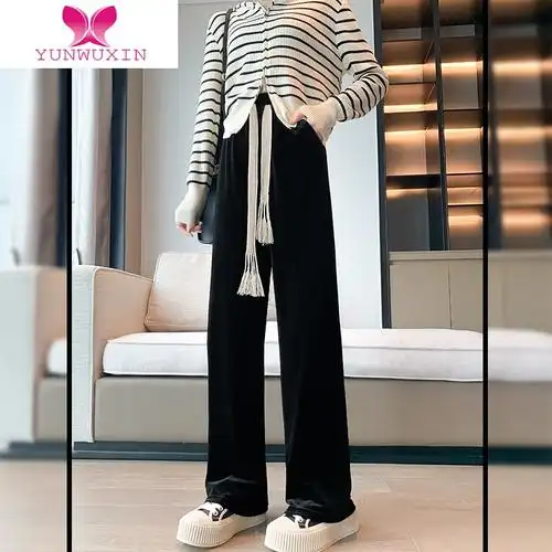 yunwuxin抽绳阔腿裤子女新款高腰垂感宽松直筒运动裤黑色小个子休闲裤