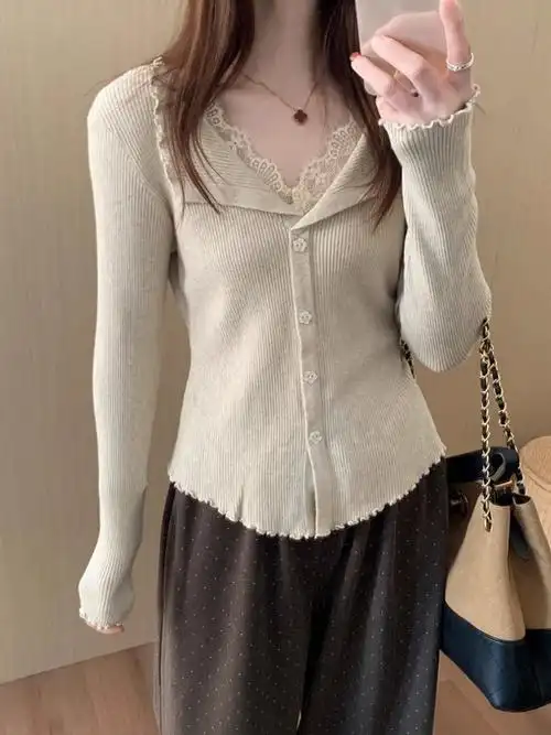 法式蕾丝假两件打底衫2025秋季新款气质休闲甜美上衣女