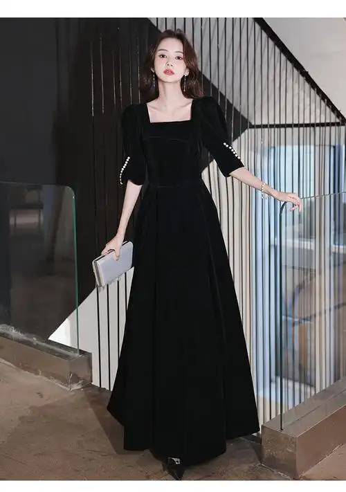 京品优选黑色晚礼服裙女新款丝绒感高端宴会气质主持人年会连衣裙黑色