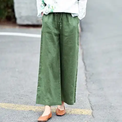 亚麻阔腿裤女九分小白棉麻文艺休闲宽松松显休闲裤
