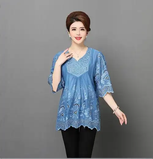 中老年女装夏季棉麻t恤妈妈短款上衣七分袖宽松中年40-50大码衣服