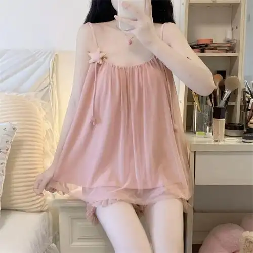 创木森女式睡衣夏款公主风吊带网纱睡裙复古宫廷风甜美家居服小个子