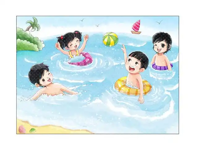 【psd】原创儿童插画可爱游泳的小朋友水印可去