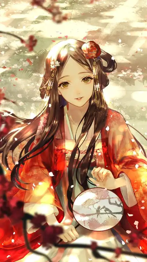 二次元古风手拿纸扇的古装女人手机壁纸