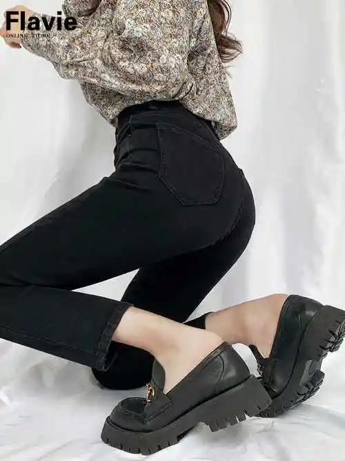 高腰黑色直筒牛仔裤女加绒加厚外穿春秋冬季梨形身材显瘦烟管裤子