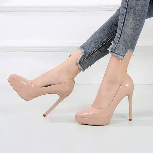 裸色漆皮防水台高跟鞋2022春季尖头细跟单鞋12厘米真皮不累脚女鞋