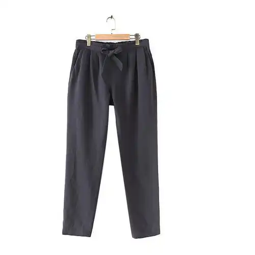 p6韩版休闲裤2019秋季新款半松紧腰系带时尚纯色宽松舒适女士长裤