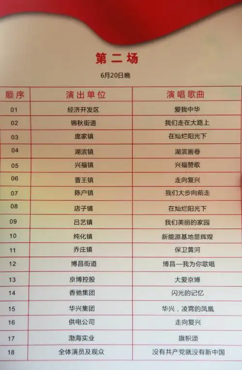 今晚红歌会的节目单