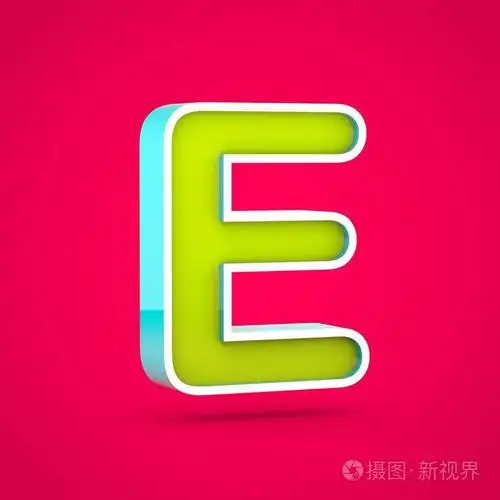 多汁字母 e 大写.3d 彩色石灰和蓝色字体在热粉色背景下的渲染