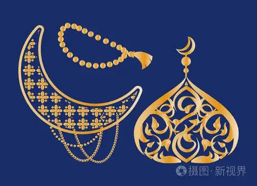 斋月的海报与新月, 圆顶顶部月亮, 穆斯林祈祷珠阿拉伯金色符号矢量