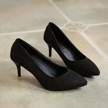 凌登2018新款 尖头高跟鞋超细跟 黑色公主鞋10cm绒面浅口工作鞋单鞋女
