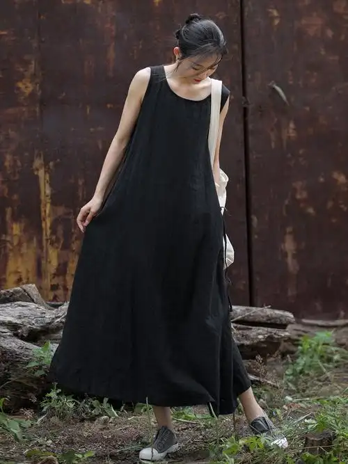 2023夏秋棉麻女装新品苎麻无袖系带连衣裙居家旅行长裙文艺范裙子