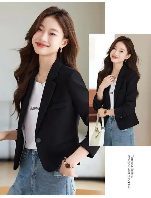 清新绿色短款西装外套女秋季新款韩版职业装纯色百搭通勤ol小西服