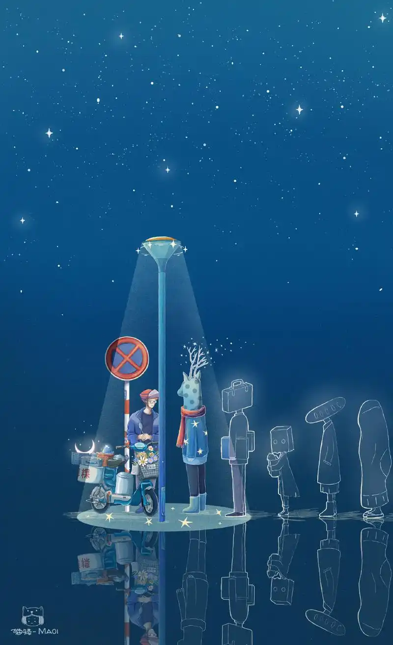 猫矮治愈手绘壁纸(5),简单清新蓝色系插画