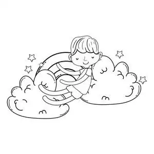 可爱的男孩用彩虹微笑的卡通矢量插图做白日梦照片