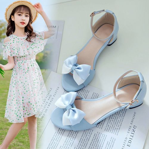夏季韩版女童凉鞋6-9-13岁中大童学生露趾蝴蝶结公主鞋儿童高跟鞋