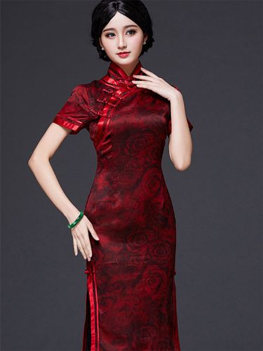 旗袍女士新款春秋秋季修身红色真丝女中中长旗袍