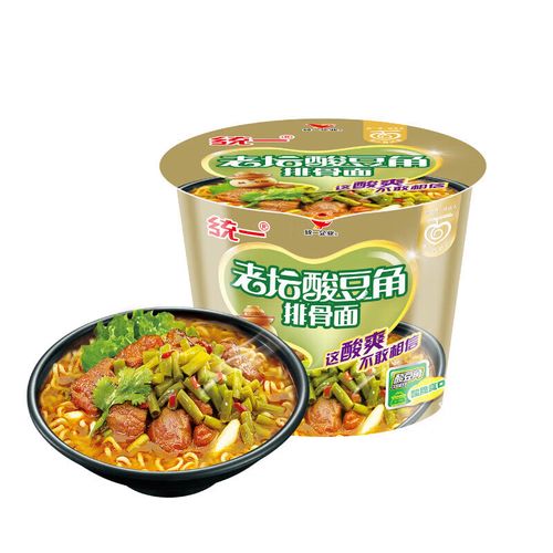 统一方便面 来一桶 老坛酸豆角排骨面 12桶 整箱装 老坛