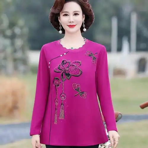 春秋打底衫t恤2024新款加肥特大码200斤胖妈妈春装中老年女装长袖