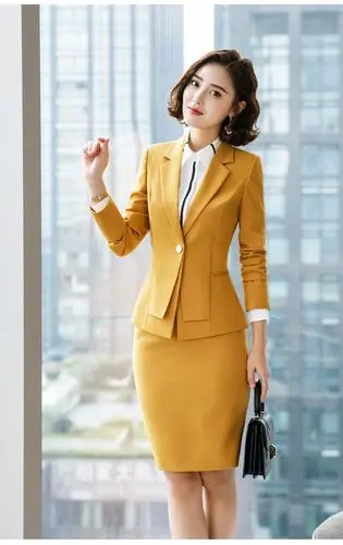 职业女裙套装-女士西装套装女2018新款秋季时尚韩版小西服黄色气质职