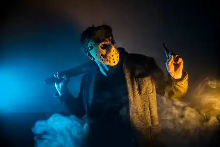 可怕的面具一个白人男子连环杀手与面具人像剪影工作室,可怕曲棍球