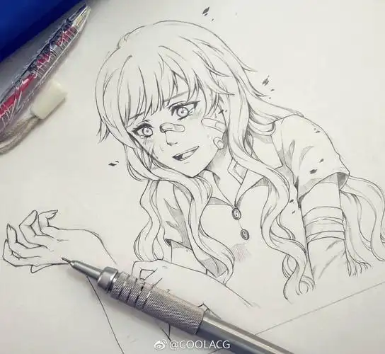 人物黑白动漫素材插画绘画线稿手绘女生男生长发短发转载