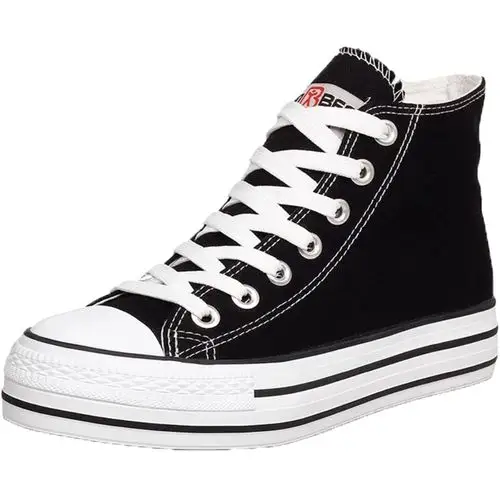 人本增高厚底女鞋黑色高帮帆布鞋女韩版百搭高邦松糕鞋子学生布鞋