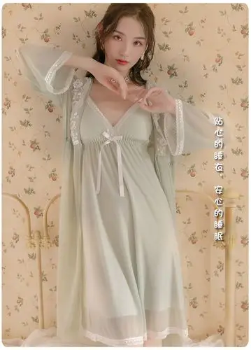 2020秋季新品跨境专供外贸睡衣女士网纱睡裙两件套时尚蕾丝睡袍