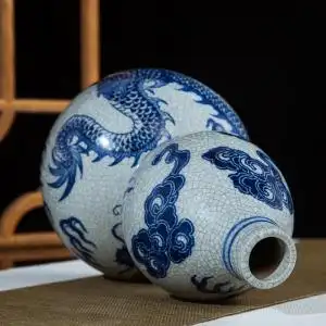 景德镇陶瓷器花瓶仿官窑青花开片龙纹古典家居客厅装饰品中式摆件