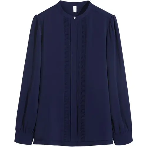 璐丝百丽藏蓝色小立领衬衫女长袖春秋宽松设计感雪纺衬衣职业上衣