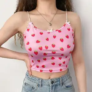 粉色草莓夏日小清新吊带背心性感紧身短款露背女洋气拼色内搭上衣