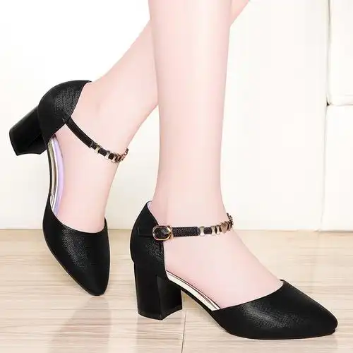 京东官网2019夏季新款3398包头粗跟一字式扣带金属潮银色凉鞋女鞋