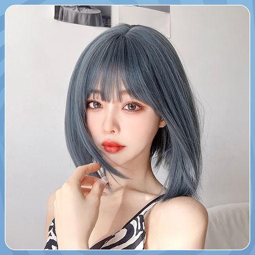 假发女短发减龄大脸锁骨发型2021年时尚新款中长直发青灰色全头套