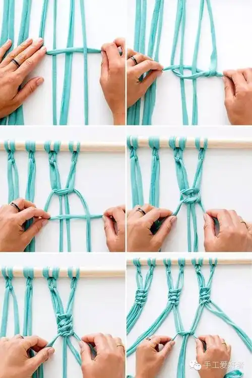 相邻两个源头的,两侧的布条如图示交叉打结,一直下去