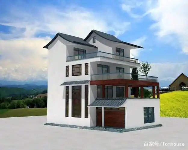 白墙灰瓦三层半自建房别墅设计