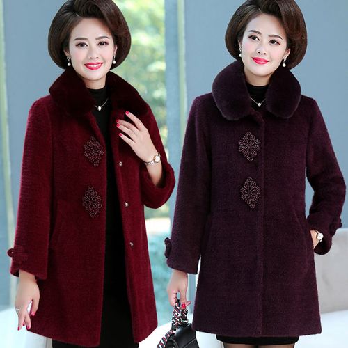 妈妈冬装仿水貂绒毛呢阔太太秋冬外套新款中老年女装洋气中长款厚