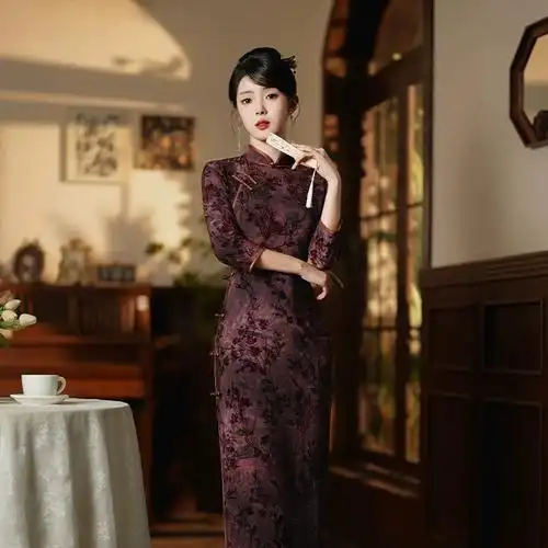 秋冬新款旗袍双层烂花绒修身气质旗袍烟红色复古老上海旗袍小长款