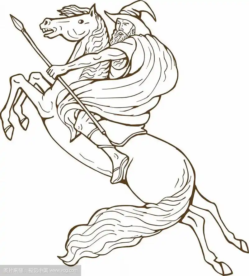 挪威神奥丁骑着孤立的白马的插图.骑着马的挪威神奥丁