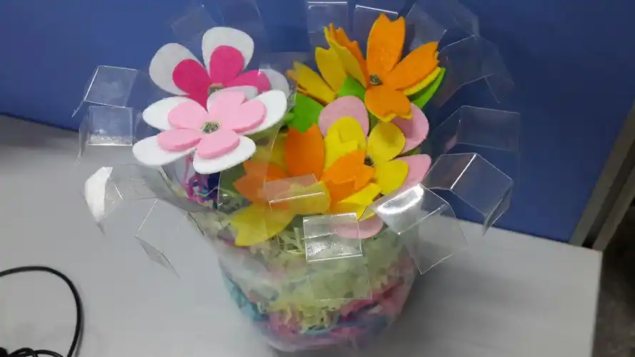 孩子们用塑料瓶制作的花篮真漂亮!