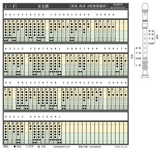 《女儿情》英式高音八孔竖笛f调指法